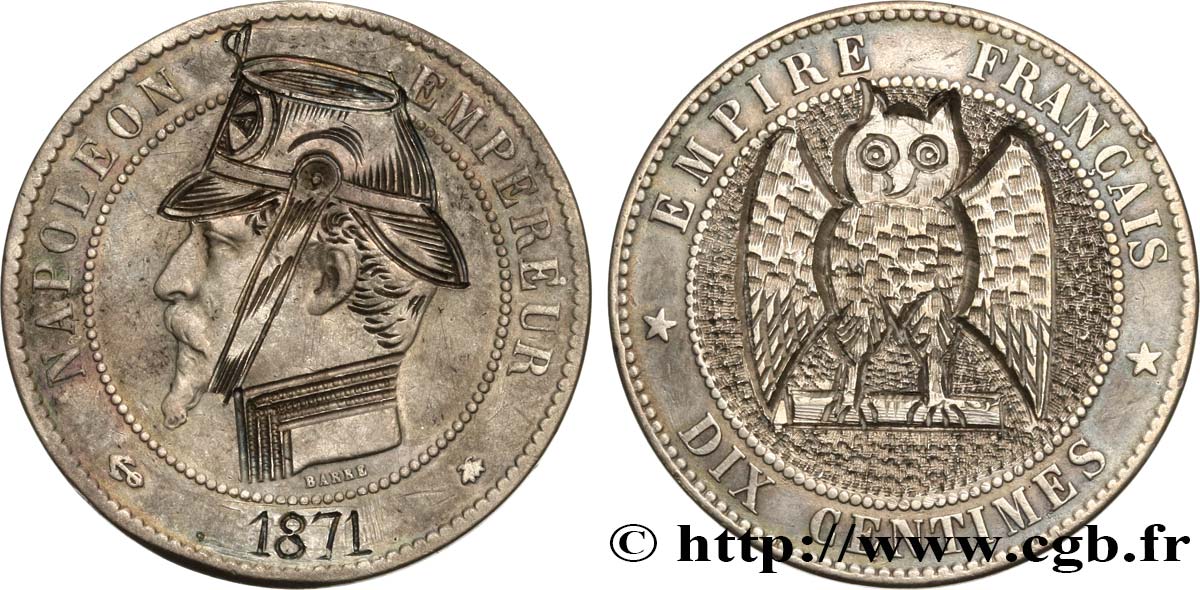 Dix centimes Napoléon III, tête nue, différent ancre, satirique n.d. Strasbourg F.133/- var. XF 