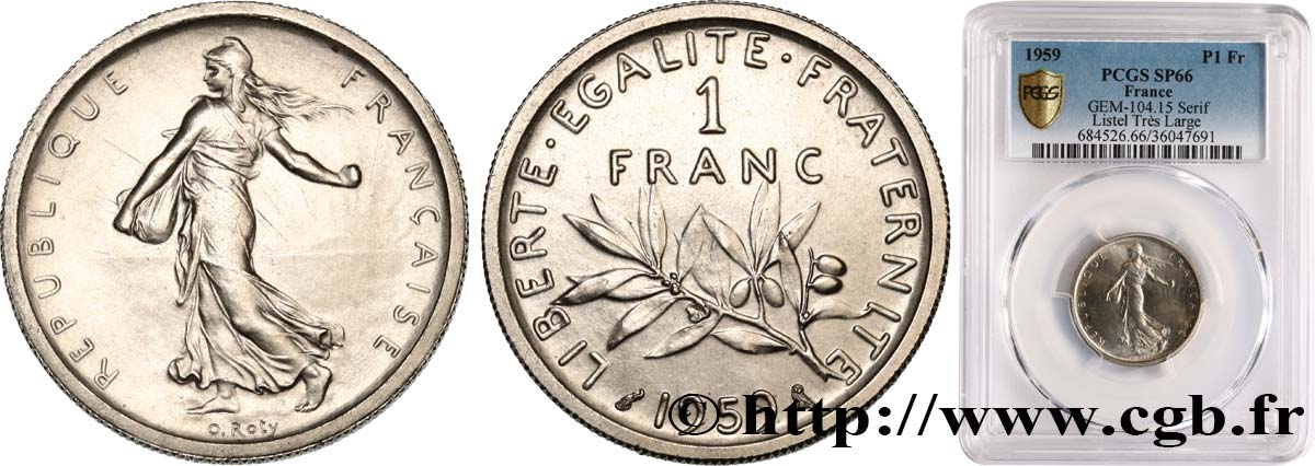 Pré-série sans le mot Essai de 1 franc Semeuse, nickel, listel très large 1959 Paris GEM.104 15 FDC66 PCGS