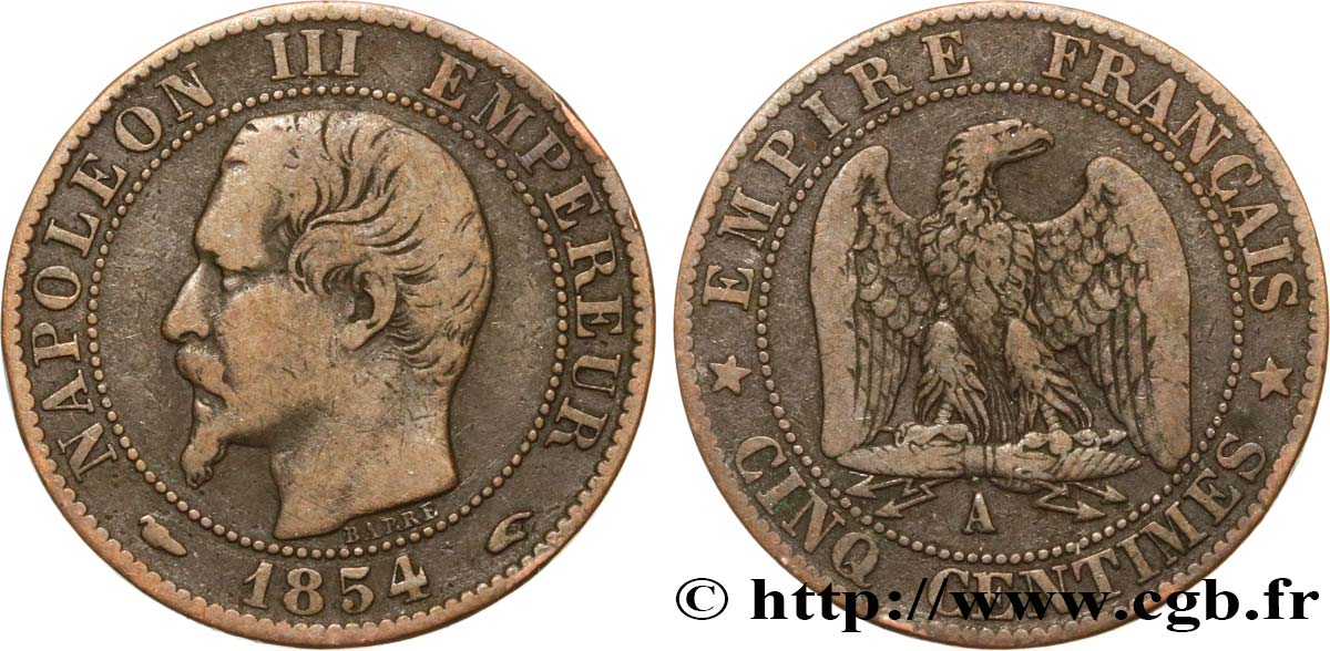 Cinq centimes Napoléon III, tête nue 1854 Paris F.116/8 TB25