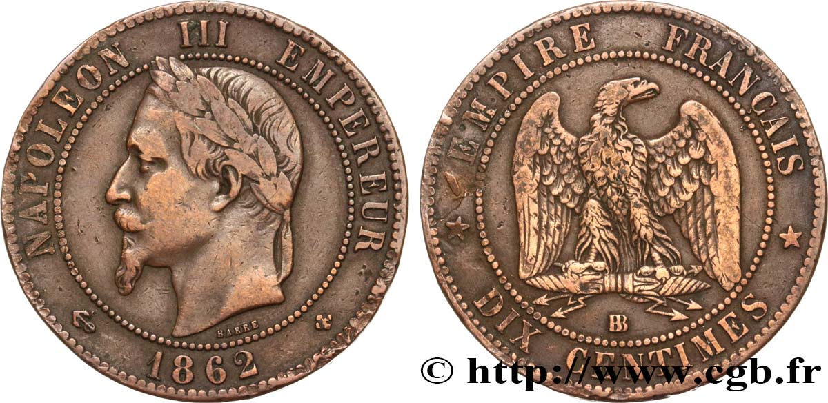 Dix centimes Napoléon III, tête laurée 1862 Strasbourg F.134/8 VF 