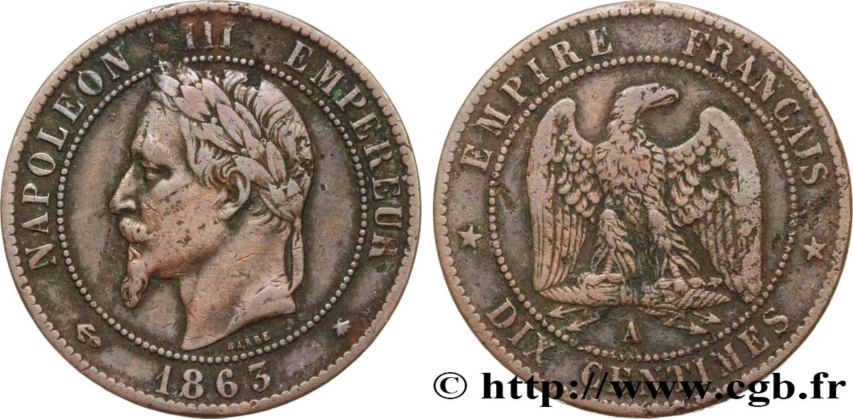 Dix centimes Napoléon III, tête laurée 1863 Paris F.134/10 TB