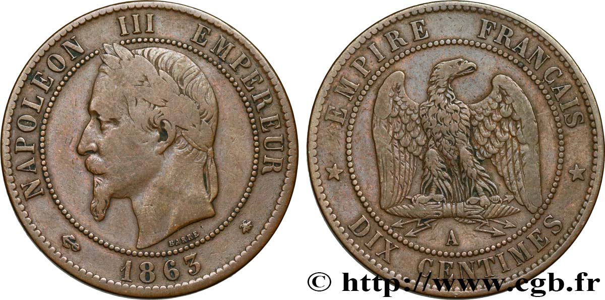 Dix centimes Napoléon III, tête laurée 1863 Paris F.134/10 TB25
