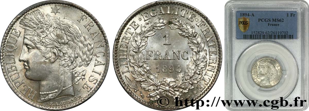 1 franc Cérès, Troisième République 1894 Paris F.216/12 MS62 PCGS