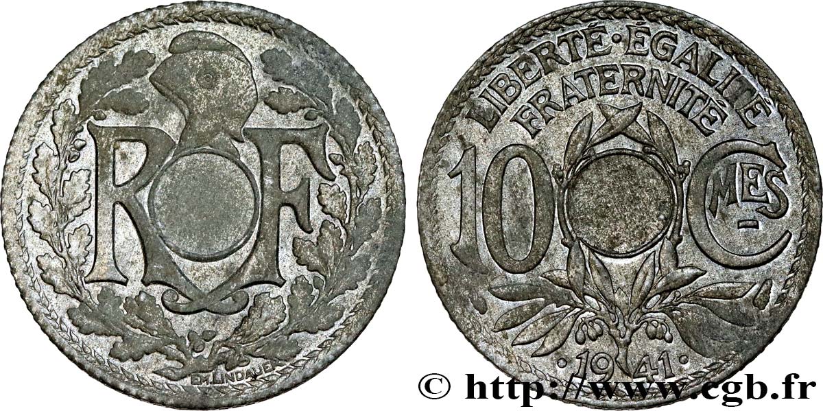 10 centimes Lindauer en zinc, Cmes souligné et millésime avec points, non perforée 1941  F.140/2 var. AU 