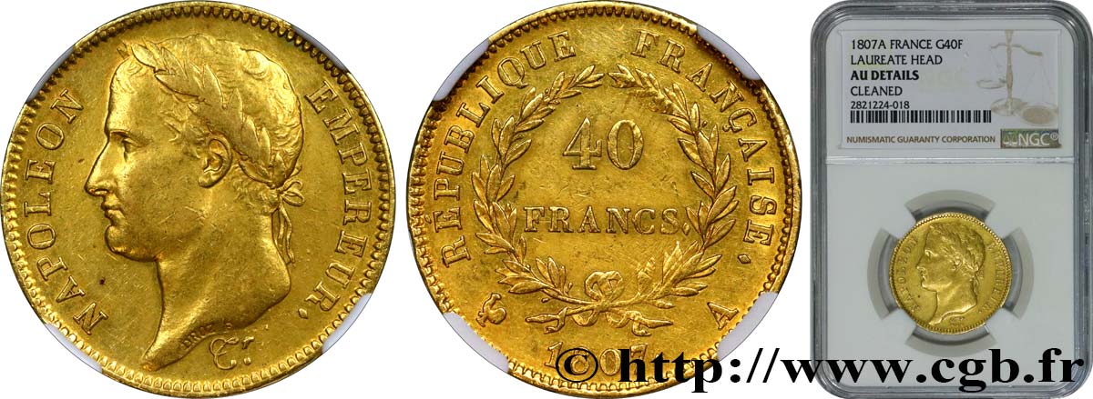 40 francs Napoléon Ier tête laurée, République française 1807 Paris F.540/1 AU NGC