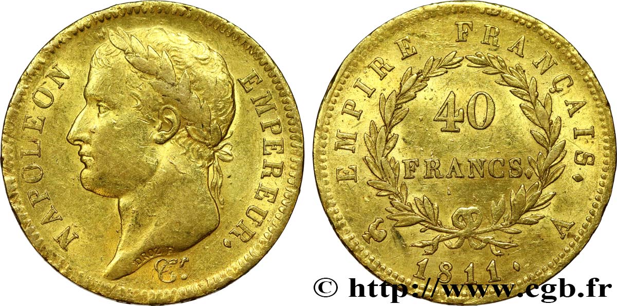 40 francs or Napoléon tête laurée, Empire français 1811 Paris F.541/6 XF48 