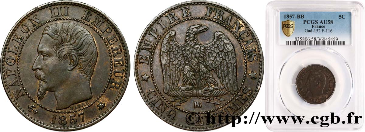Cinq centimes Napoléon III, tête nue 1857 Strasbourg F.116/39 AU58 PCGS