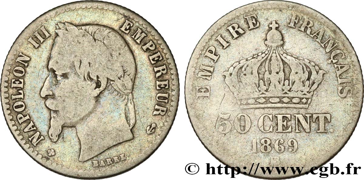 50 centimes Napoléon III, tête laurée 1869 Strasbourg F.188/23 B12