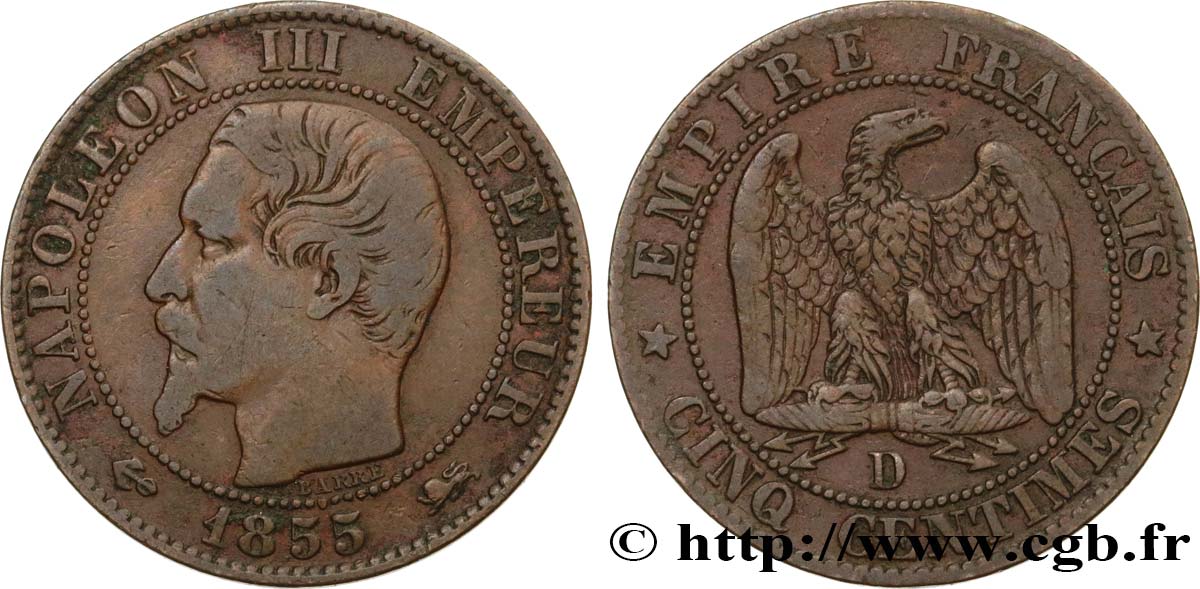 Cinq centimes Napoléon III, tête nue 1855 Lyon F.116/23 TB30