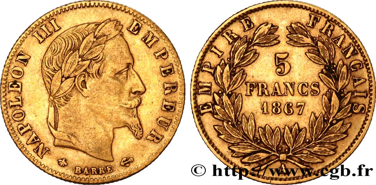 5 francs or Napoléon III, tête laurée 1867 Paris F.502/11 XF45 
