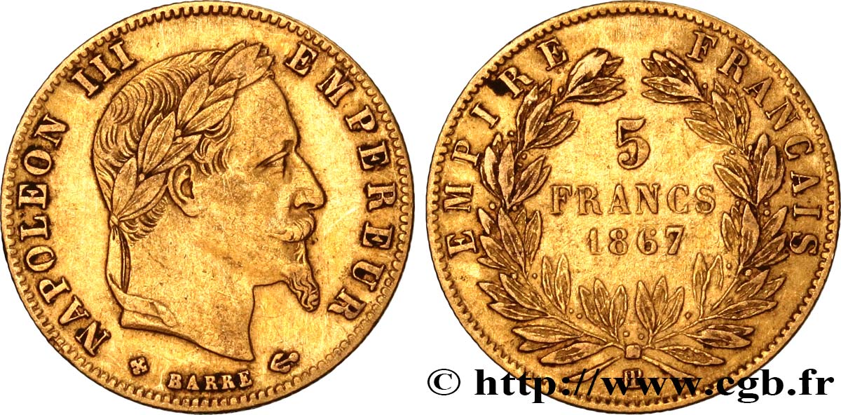 5 francs or Napoléon III, tête laurée 1867 Strasbourg F.502/12 XF45 