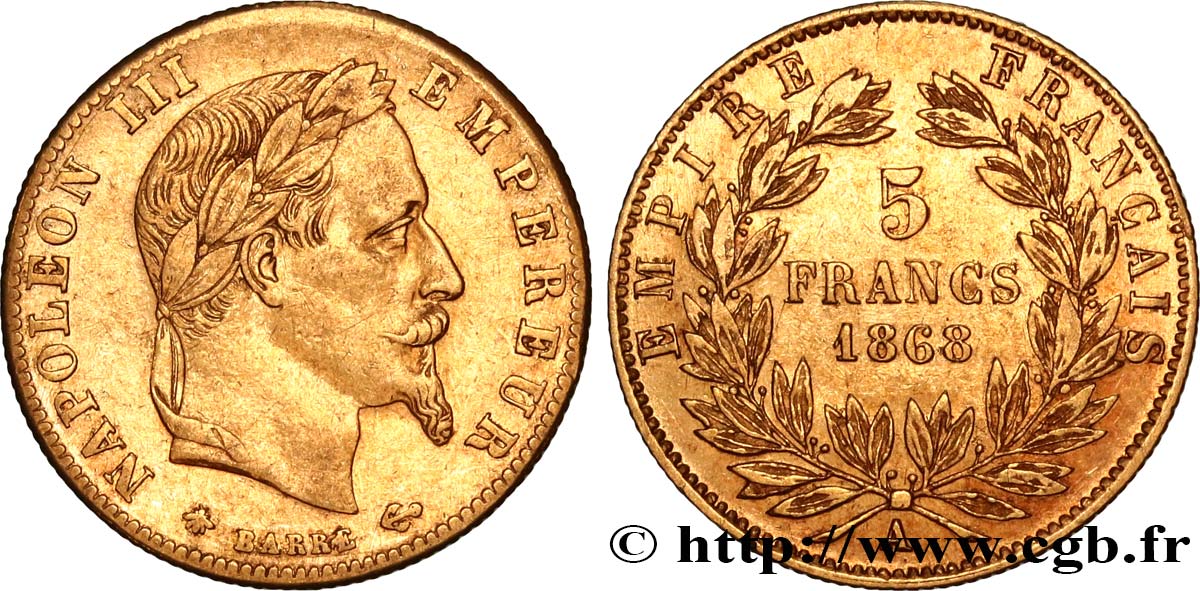5 francs or Napoléon III, tête laurée 1868 Paris F.502/13 XF42 