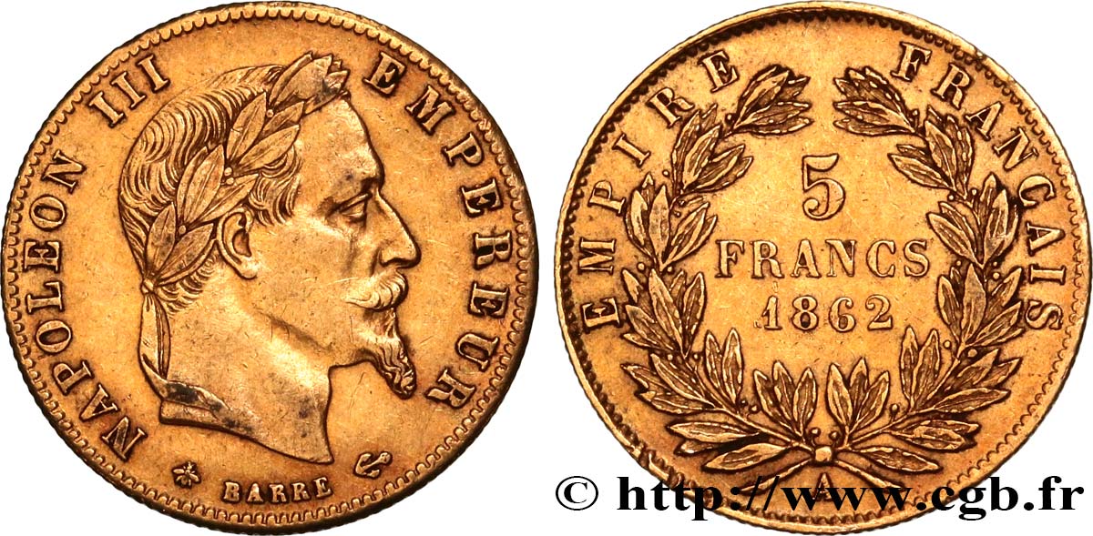 5 francs or Napoléon III, tête laurée 1862 Paris F.502/1 XF 