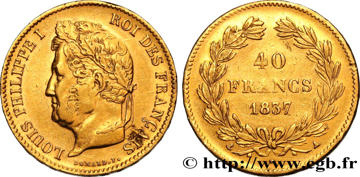 40 francs or Louis-Philippe 1837 Paris F.546/10 XF 