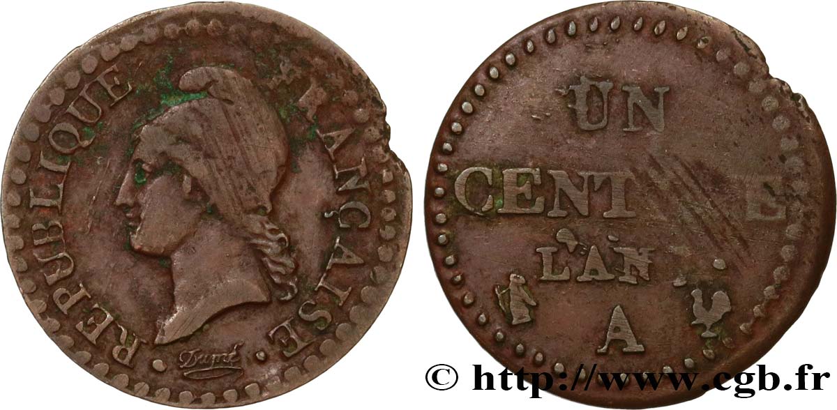 Un centime Dupré, grand 7, Fauté coins tournés, flan très fin 1799 Paris F.100/16 VF 