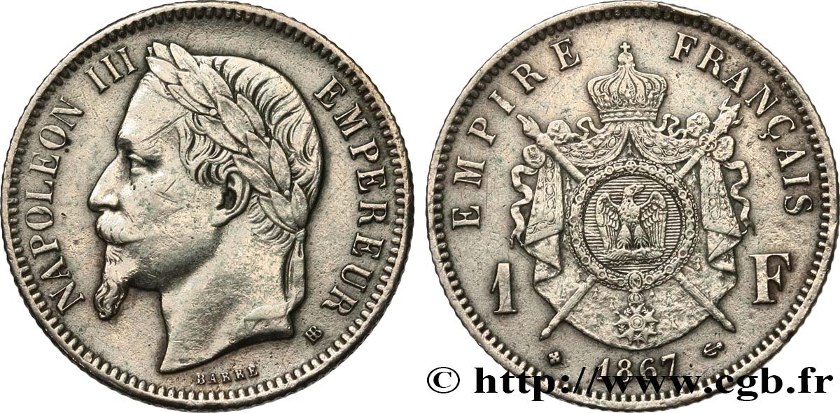 1 franc Napoléon III, tête laurée 1867 Strasbourg F.215/7 TB+