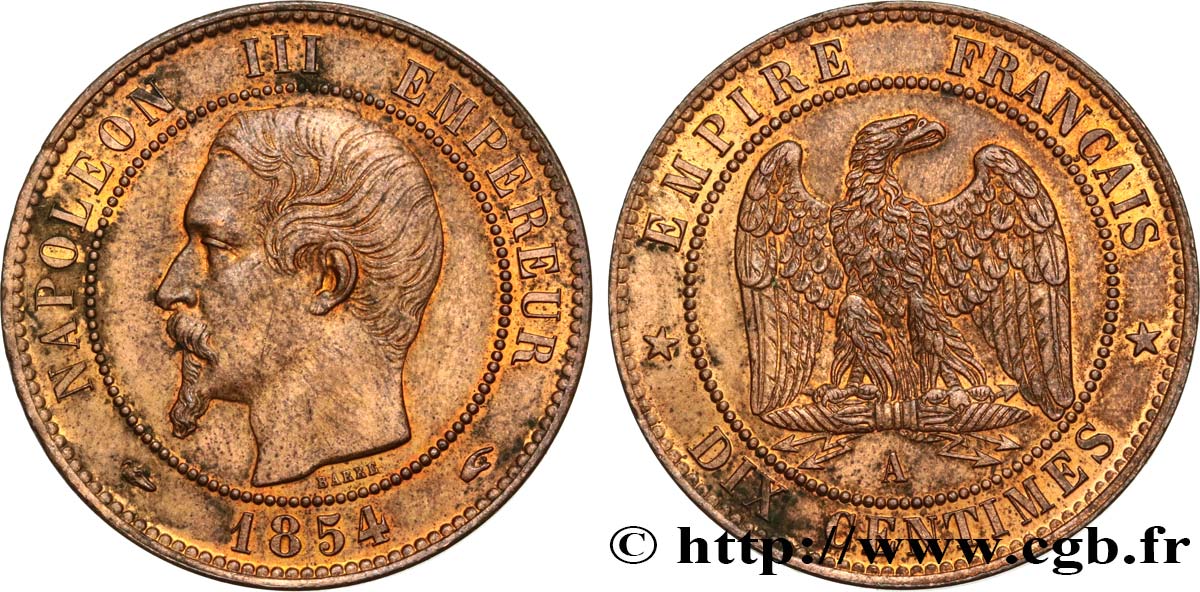 Dix centimes Napoléon III, tête nue 1854 Paris F.133/11 SUP58