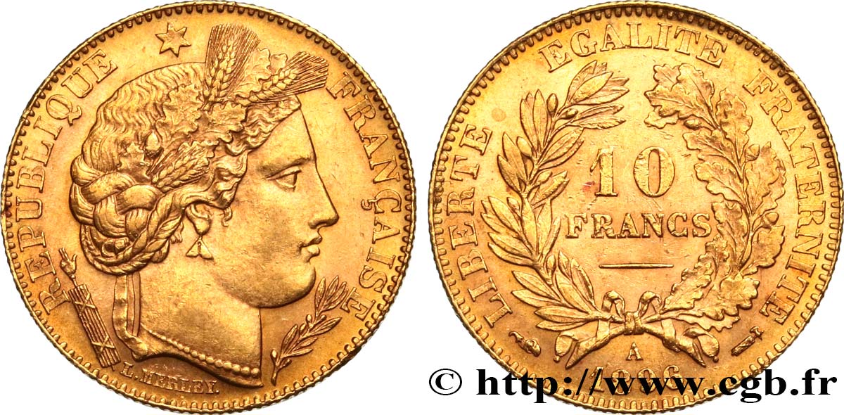 10 francs or Cérès, Troisième République 1896 Paris F.508/4 AU55 