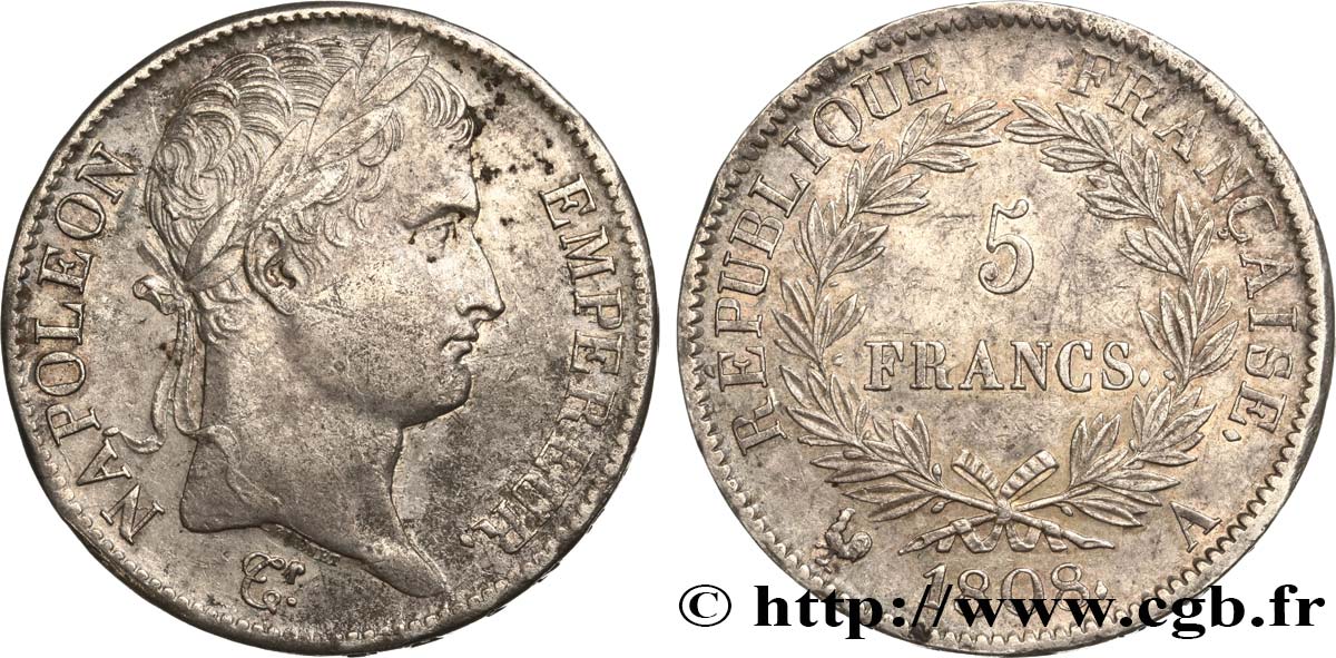 5 francs Napoléon Empereur, République française 1808 Paris F.306/2 XF48 