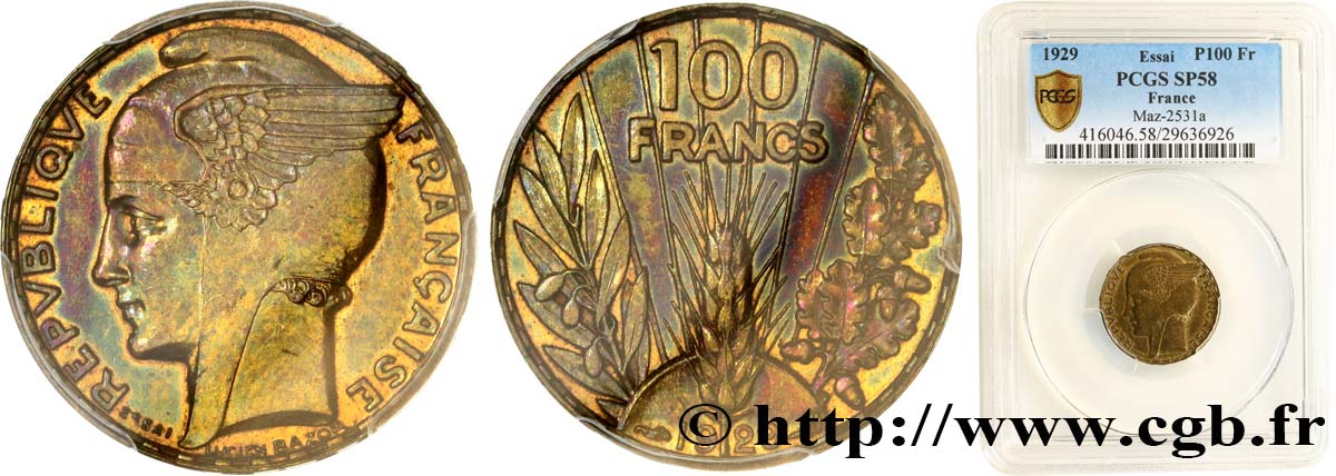 Concours de 100 francs or, essai de Bazor en bronze-aluminium 1929 Paris GEM.288 7 VZ58 PCGS