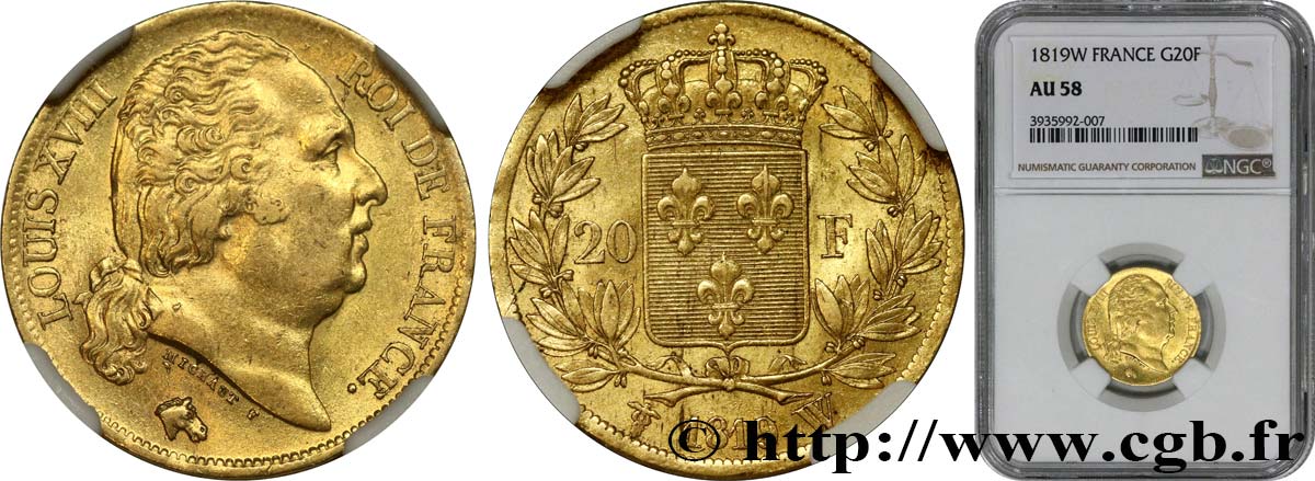 20 francs or Louis XVIII, tête nue 1819 Lille F.519/18 AU58 NGC