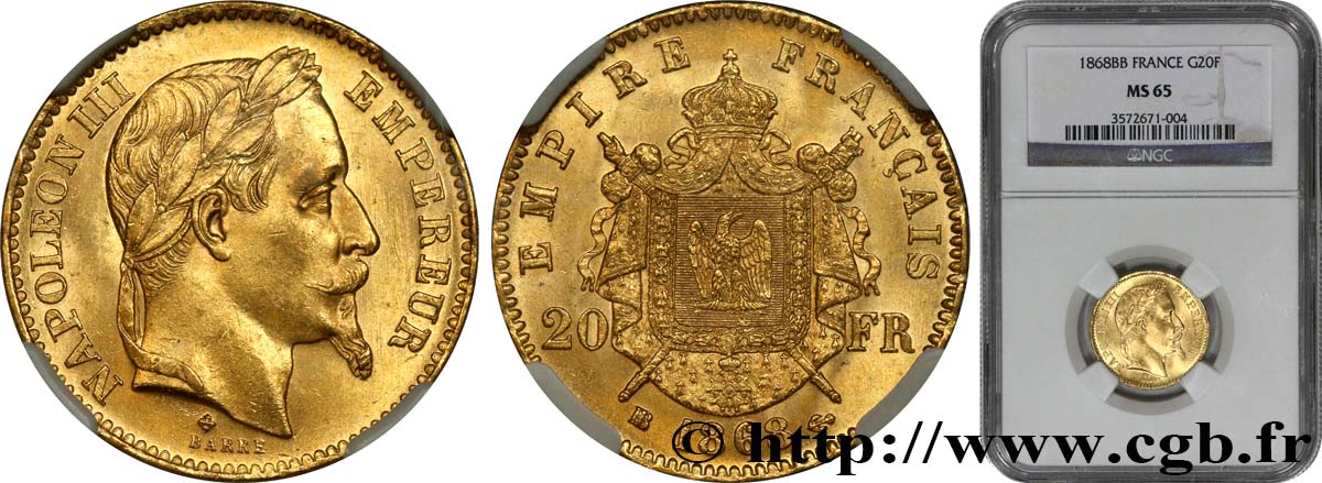 20 francs or Napoléon III, tête laurée 1868 Strasbourg - 77 F.532/19 MS65 NGC
