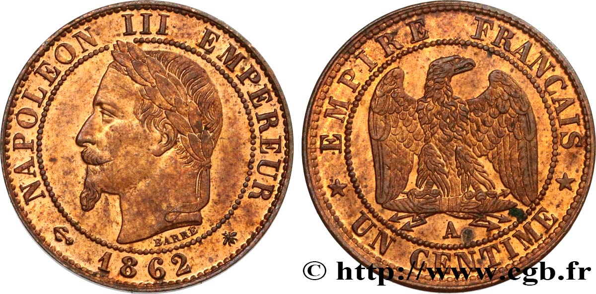 Un centime Napoléon III, tête laurée 1862 Paris F.103/4 SUP60