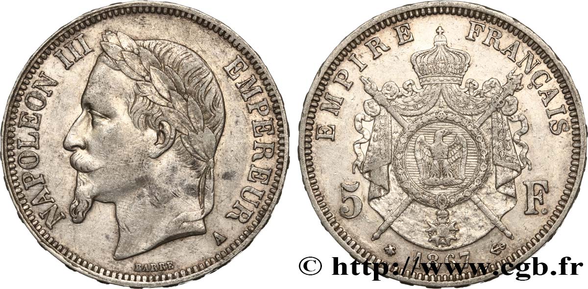 5 francs Napoléon III, tête laurée 1867 Paris F.331/10 MBC45