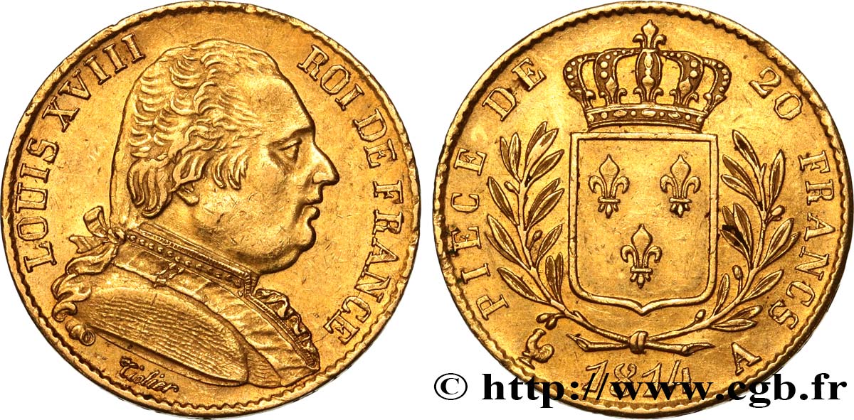 20 francs or Louis XVIII, buste habillé 1814 Paris F.517/2 AU55 