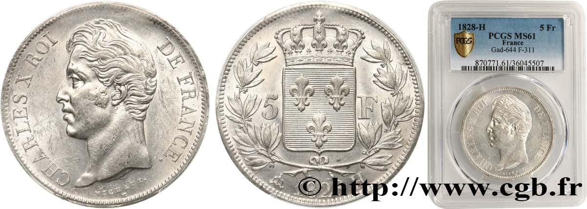 5 francs Charles X, 2e type 1828 La Rochelle F.311/18 SUP61 PCGS