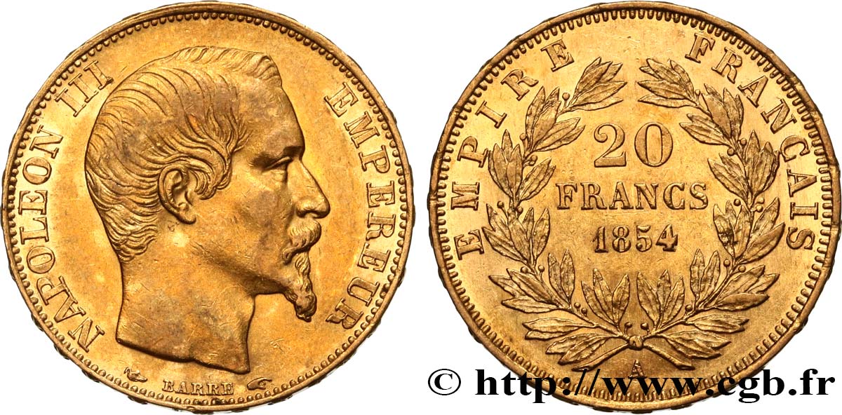 20 francs or Napoléon III, tête nue 1854 Paris F.531/2 MBC50