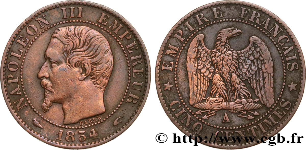 Cinq centimes Napoléon III, tête nue 1854 Paris F.116/8 TTB