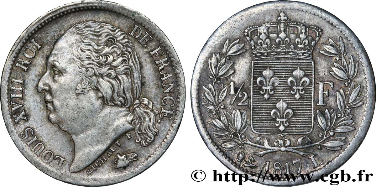 1/2 franc Louis XVIII 1817 Bayonne F.179/13 TTB45 