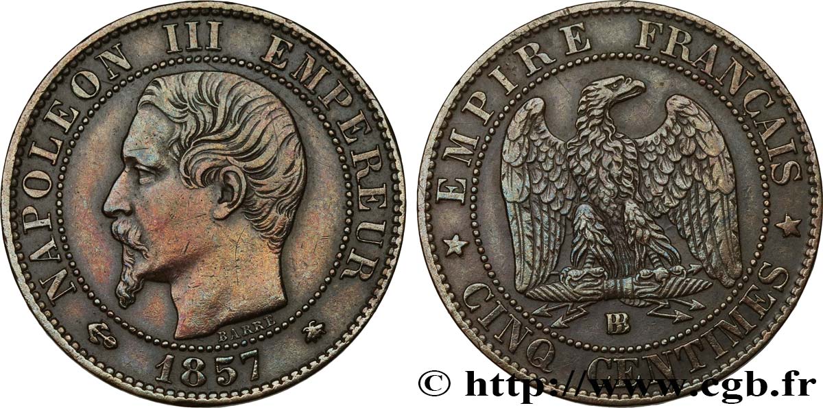 Cinq centimes Napoléon III, tête nue 1857 Strasbourg F.116/39 SS50 