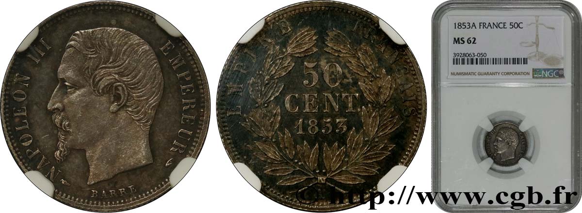 50 centimes Napoléon III, tête nue 1853 Paris F.187/1 MS62 NGC