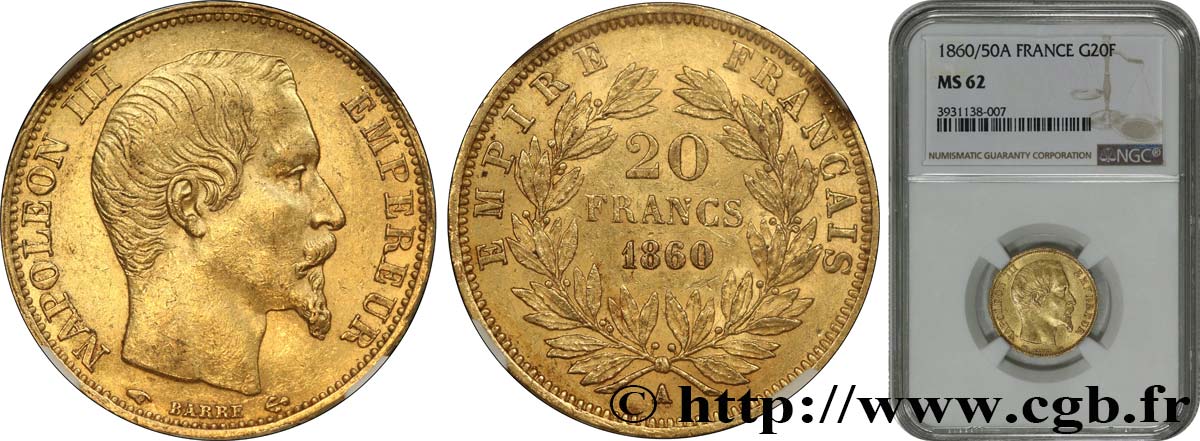 20 francs or Napoléon III, tête nue 1860 Paris F.531/17 MS62 NGC
