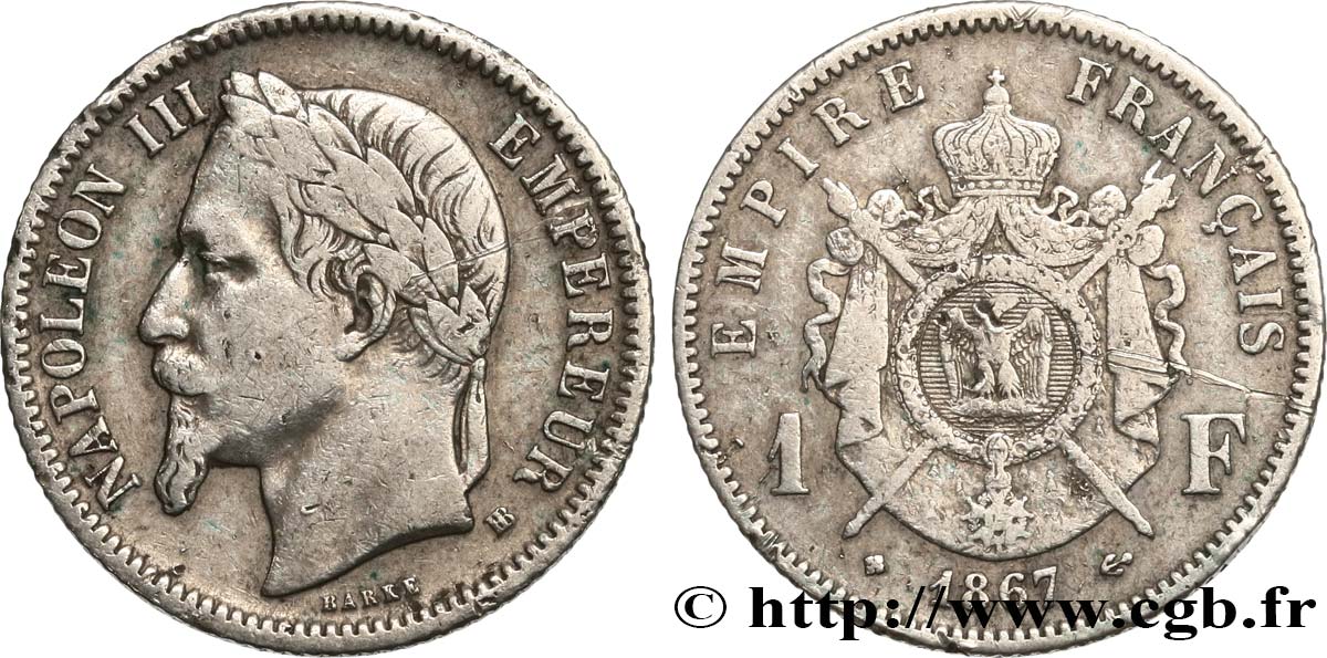 1 franc Napoléon III, tête laurée 1867 Strasbourg F.215/7 TB