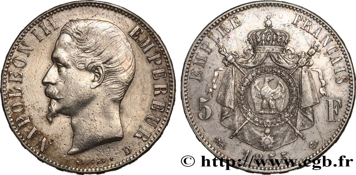 5 francs Napoléon III, tête nue 1855 Lyon F.330/5 q.SPL 