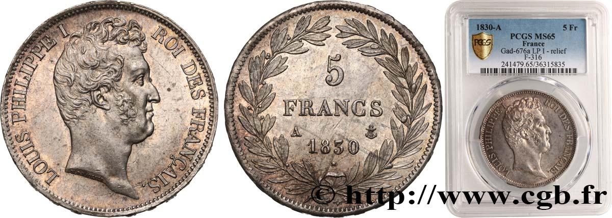 5 francs Louis-Philippe type Tiolier avec le I, tranche en relief 1830 Paris F.316/1 ST65 PCGS
