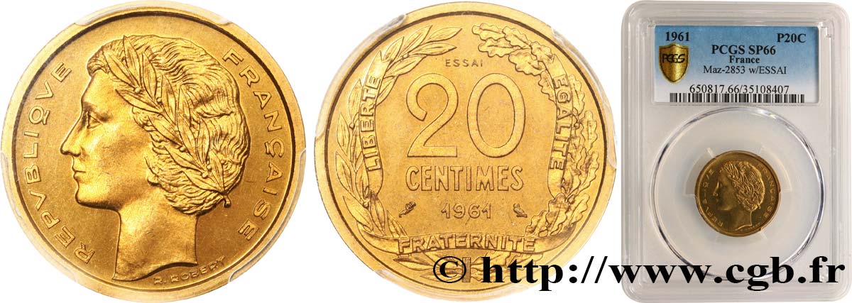 Essai du concours de 20 centimes par Robert 1961 Paris GEM.55 12 FDC66 PCGS