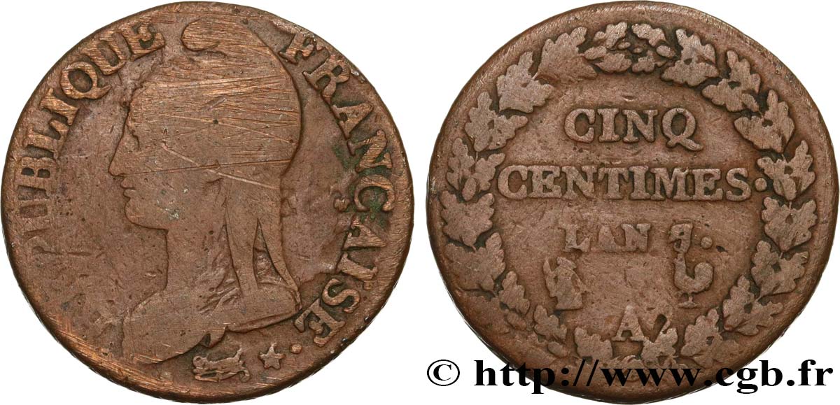 Cinq centimes Dupré, grand module 1799 Paris F.115/46 B+