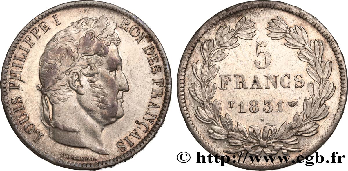 5 francs, Ier type Domard, tranche en relief 1831 Nantes F.320/12 SUP58 