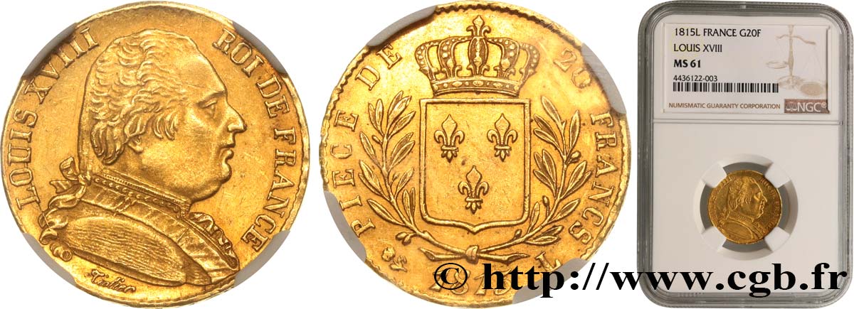 20 francs or Louis XVIII, buste habillé 1815 Bayonne F.517/14 SUP61 NGC