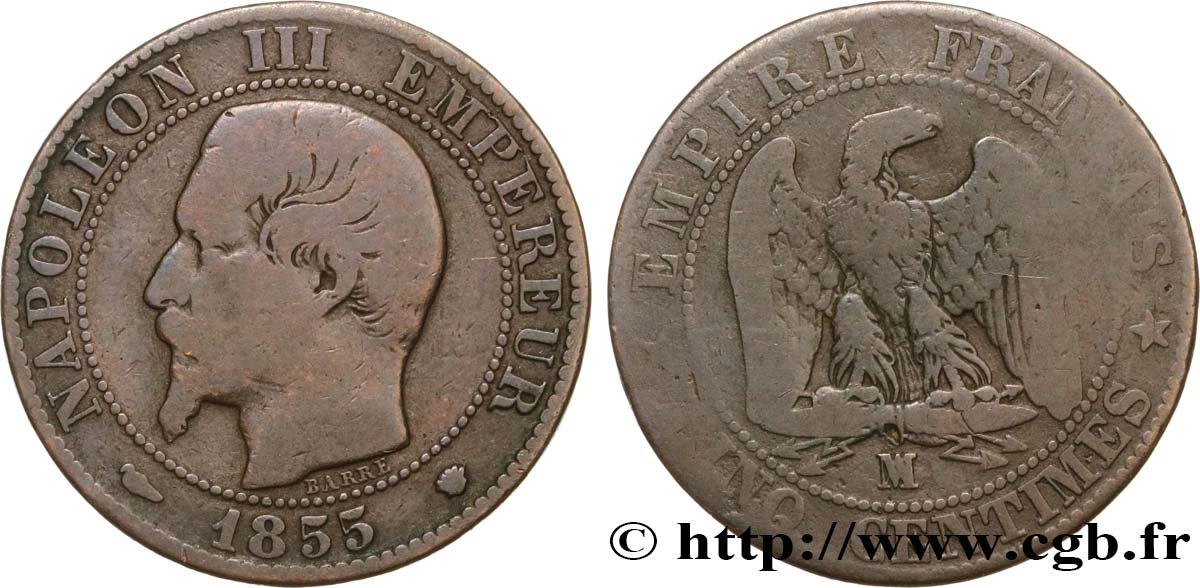 Cinq centimes Napoléon III, tête nue 1855 Marseille F.116/26 B12