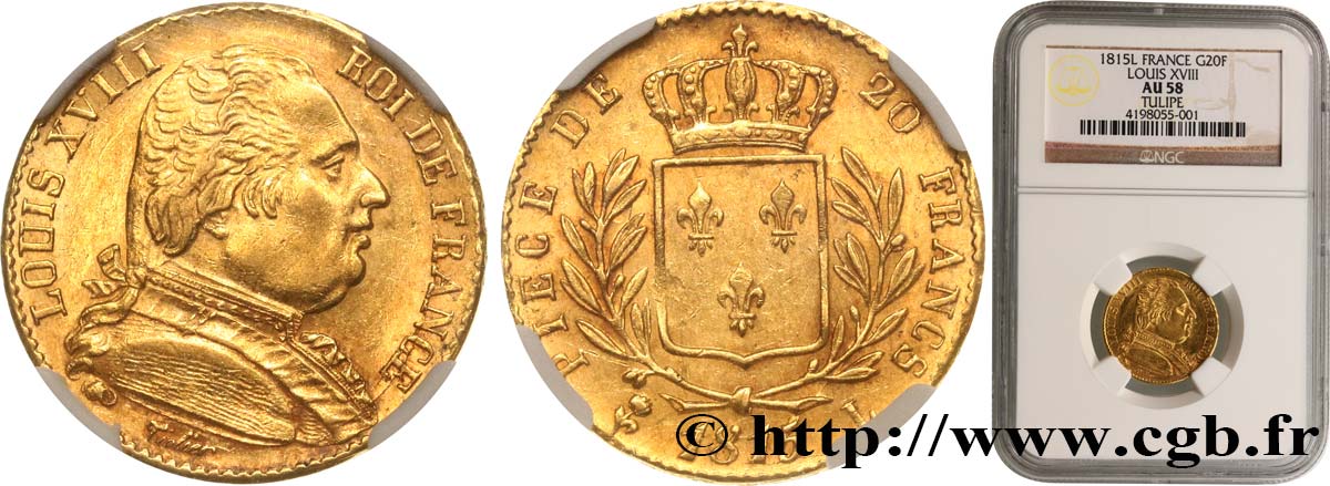 20 francs or Louis XVIII, buste habillé 1815 Bayonne F.517/15 SUP58 NGC