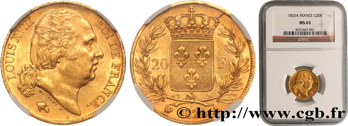 20 francs or Louis XVIII, tête nue 1820 Paris F.519/19 SPL63 NGC