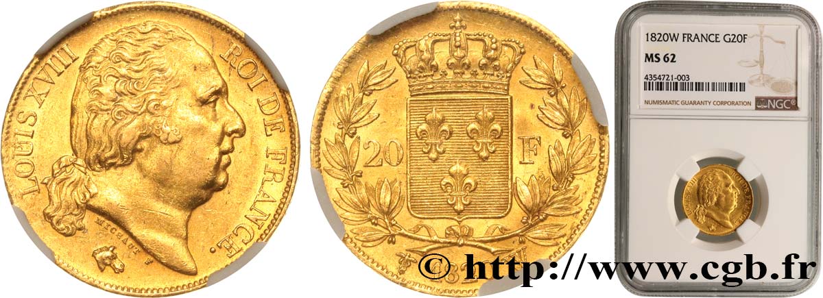 20 francs or Louis XVIII, tête nue 1820 Lille F.519/23 MS62 NGC