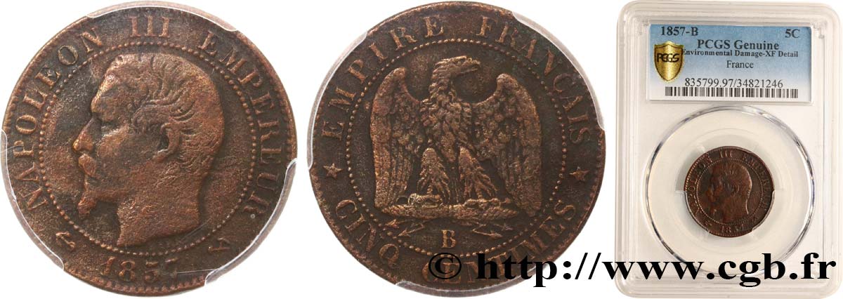 Cinq centimes Napoléon III, tête nue 1857 Rouen F.116/38 VF PCGS