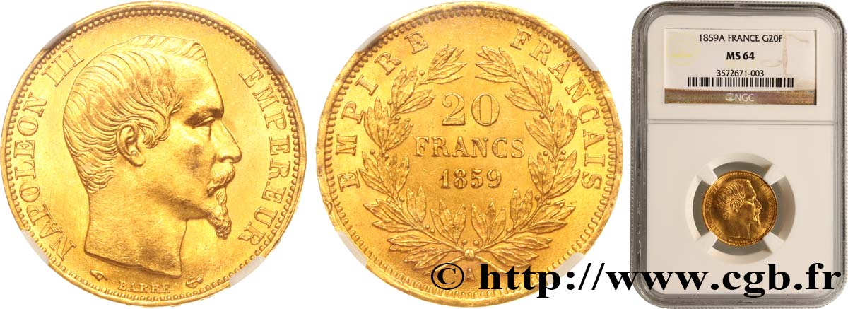 20 francs or Napoléon III, tête nue 1859 Paris F.531/15 MS64 NGC