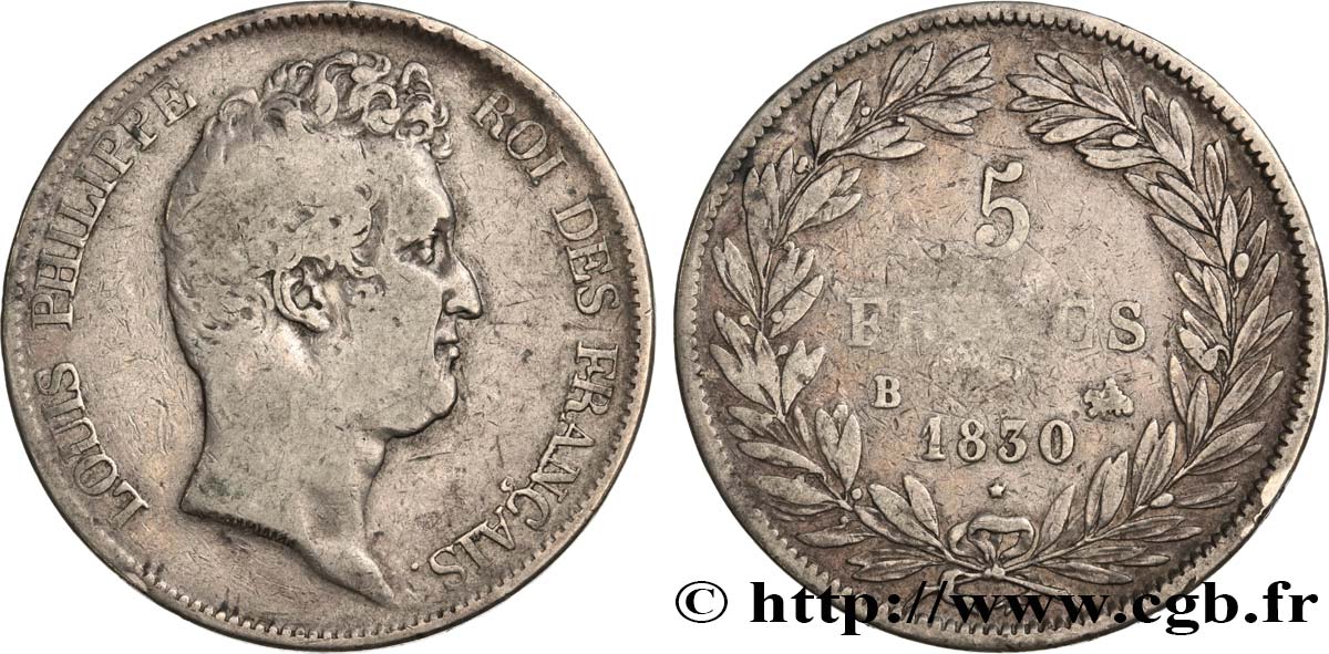 5 francs type Tiolier sans le I, tranche en creux 1830  Rouen F.313/2 S18 